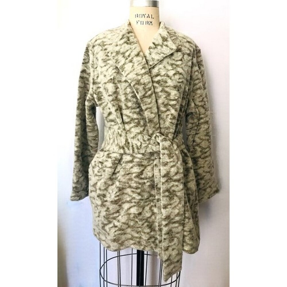 H&M GRAY OLIVE BRONZE METALLIC ANIMAL JACQUARD BELTED CARDIGAN 12 NWT